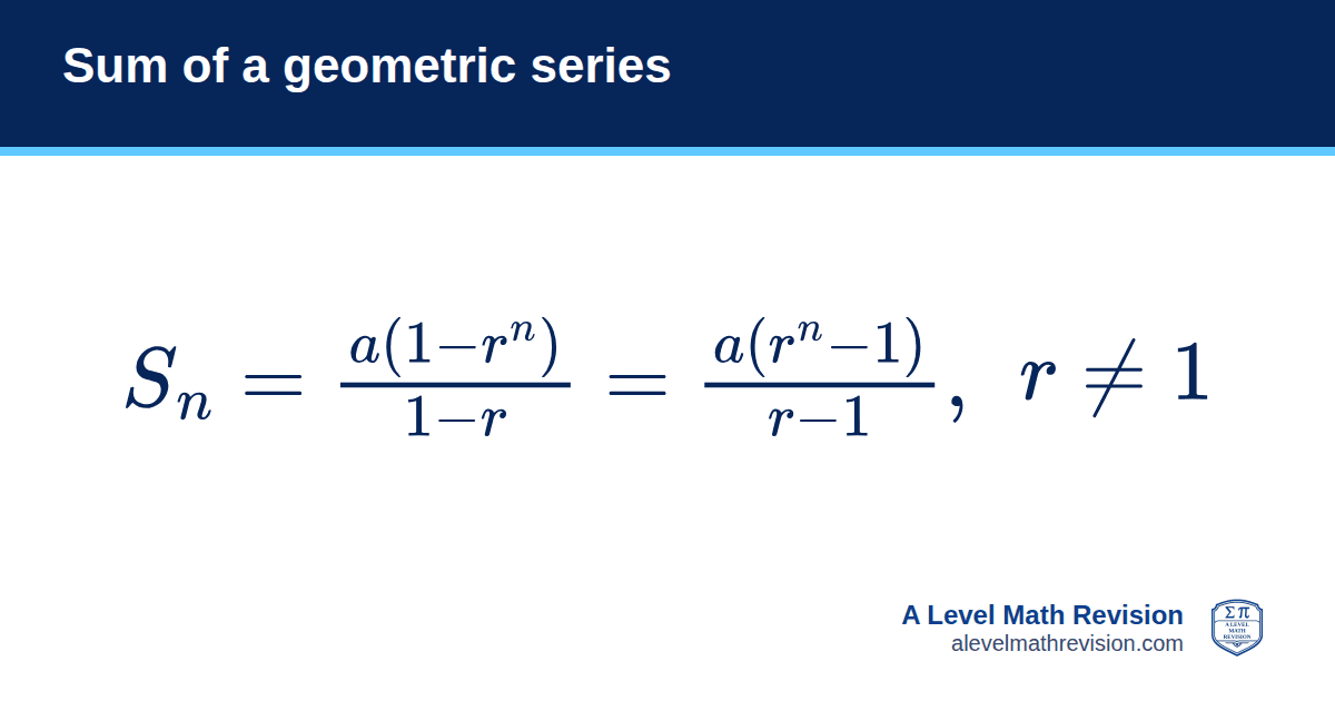Sum of a geometric series formula card: Sₙ = a(1 − rⁿ)/(1 − r), r ≠ 1. A Level Math Revision