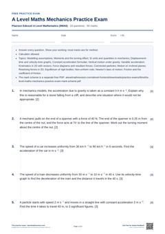 First page of the A Level Maths Mechanics Practice Exam PDF