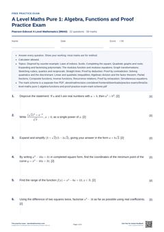 First page of the A Level Maths Pure 1: Algebra, Functions and Proof Practice Exam PDF