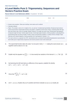 First page of the A Level Maths Pure 2: Trigonometry, Sequences and Vectors Practice Exam PDF