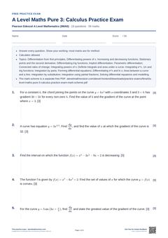 First page of the A Level Maths Pure 3: Calculus Practice Exam PDF