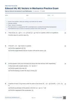 First page of the Edexcel IAL M1 Vectors in Mechanics Practice Exam PDF
