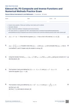First page of the Edexcel IAL P3 Composite and Inverse Functions and Numerical Methods Practice Exam PDF