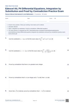 First page of the Edexcel IAL P4 Differential Equations, Integration by Substitution and Proof by Contradiction Practice Exam PDF