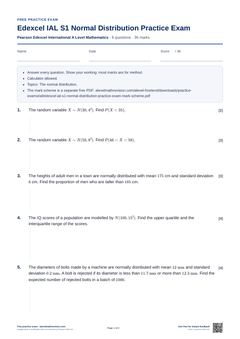 First page of the Edexcel IAL S1 Normal Distribution Practice Exam PDF