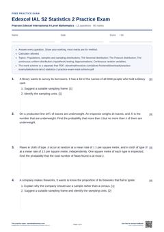 First page of the Edexcel IAL S2 Statistics 2 Practice Exam PDF