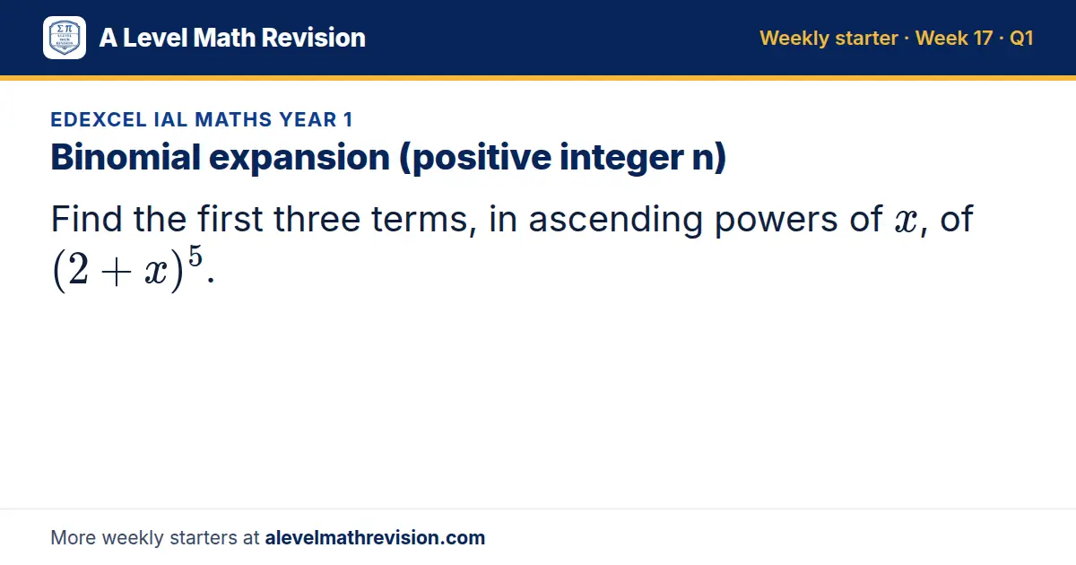 Edexcel IAL Maths Year 1 starter question on Binomial expansion (positive integer n): Find the first three terms, in ascending powers of x, of (2 + x)^5.