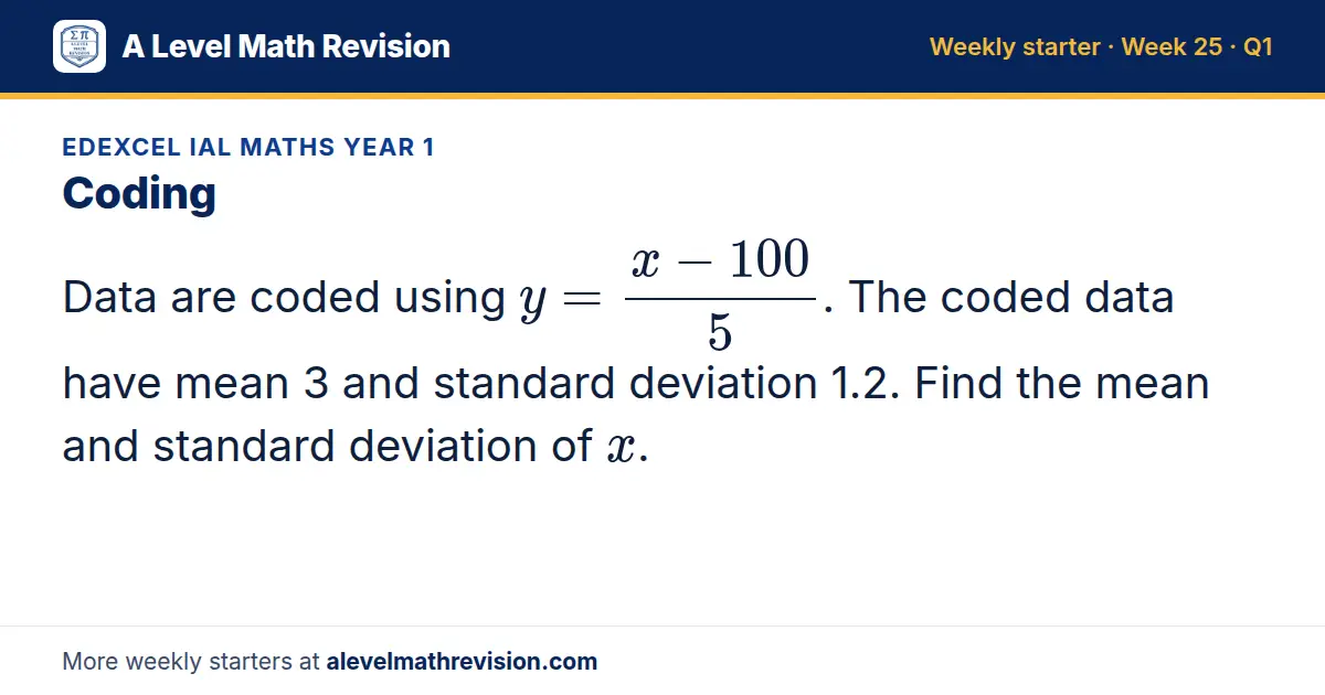 Edexcel IAL Maths Year 1 starter question on Coding: Data are coded using y = (x - 100)/5. The coded data have mean 3 and standard deviation 1.2. Find the mean and standard deviation of x.
