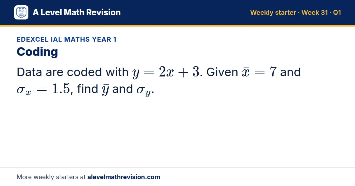 Edexcel IAL Maths Year 1 starter question on Coding: Data are coded with y = 2x + 3. Given x = 7 and σ_x = 1.5, find y and σ_y.