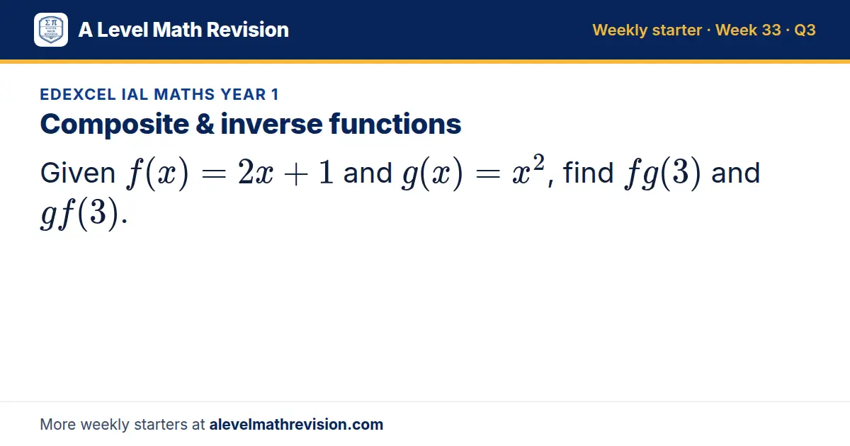 Edexcel IAL Maths Year 1 starter question on Composite & inverse functions: Given f(x) = 2x + 1 and g(x) = x², find fg(3) and gf(3).