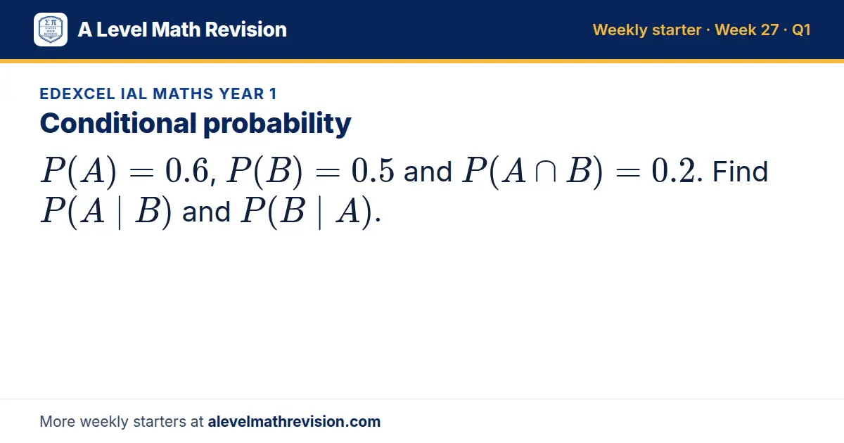 Edexcel IAL Maths Year 1 starter question on Conditional probability: P(A) = 0.6, P(B) = 0.5 and P(A ∩ B) = 0.2. Find P(A | B) and P(B | A).