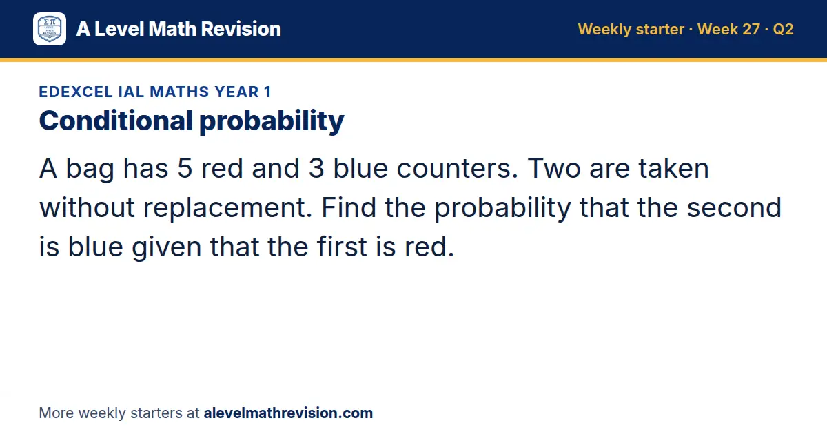 Edexcel IAL Maths Year 1 starter question on Conditional probability: A bag has 5 red and 3 blue counters. Two are taken without replacement. Find the probability that the second is blue given that the first is red.