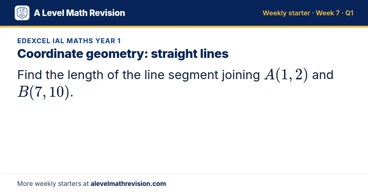 Edexcel IAL Maths Year 1 starter question on Coordinate geometry: straight lines: Find the length of the line segment joining A(1, 2) and B(7, 10).