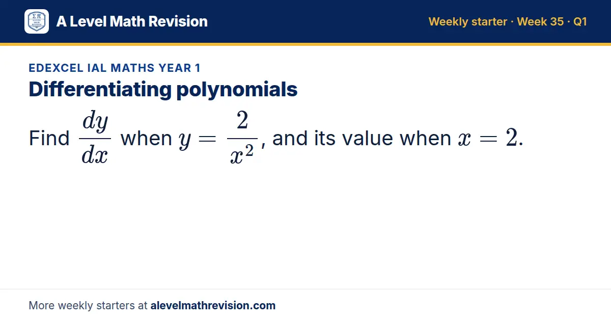 Edexcel IAL Maths Year 1 starter question on Differentiating polynomials: Find dy/dx when y = 2/(x²), and its value when x = 2.