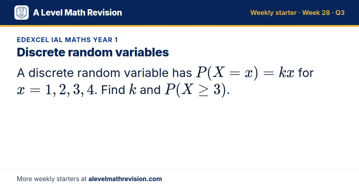 Edexcel IAL Maths Year 1 starter question on Discrete random variables: A discrete random variable has P(X = x) = kx for x = 1, 2, 3, 4. Find k and P(X ≥ 3).
