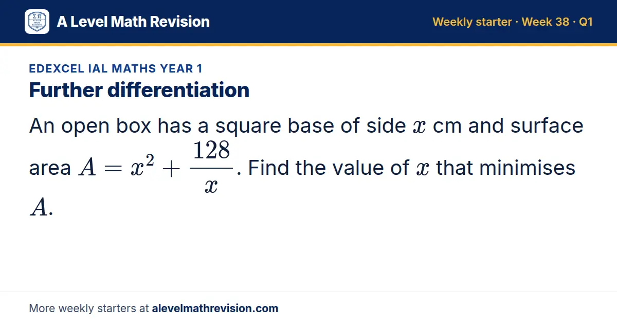 Edexcel IAL Maths Year 1 starter question on Further differentiation: An open box has a square base of side x cm and surface area A = x² + 128/x. Find the value of x that minimises A.