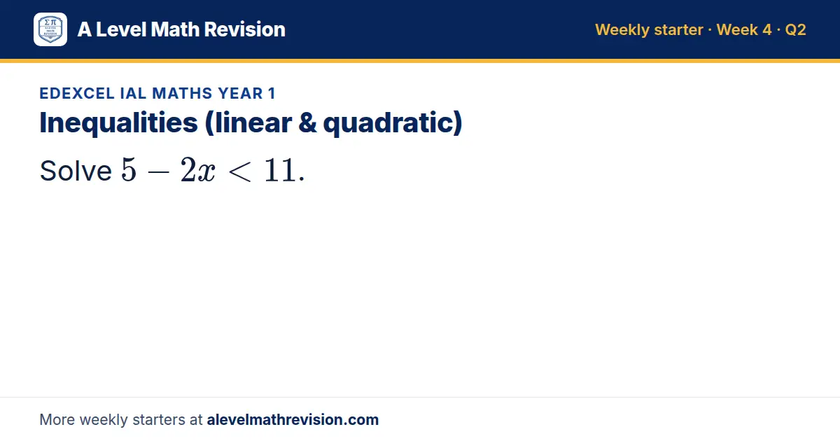 Edexcel IAL Maths Year 1 starter question on Inequalities (linear & quadratic): Solve 5 - 2x < 11.