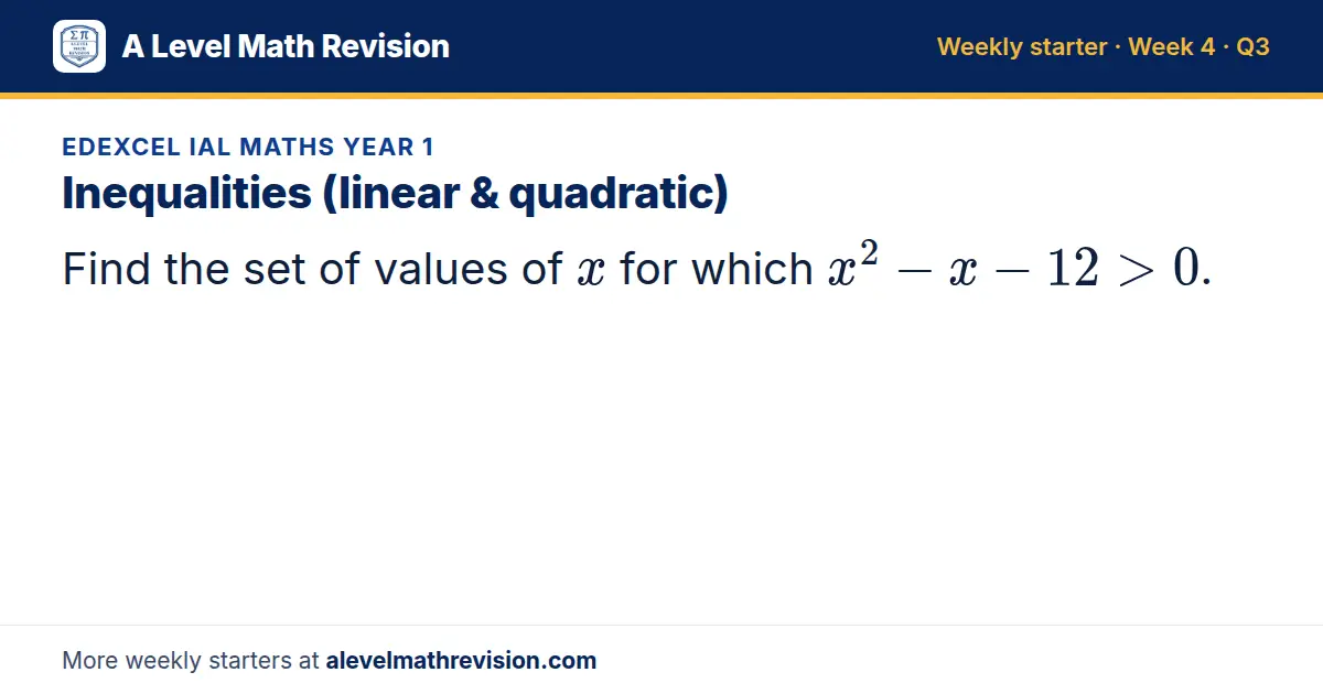 Edexcel IAL Maths Year 1 starter question on Inequalities (linear & quadratic): Find the set of values of x for which x² - x - 12 > 0.