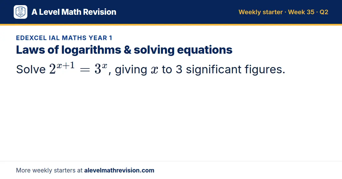 Edexcel IAL Maths Year 1 starter question on Laws of logarithms & solving equations: Solve 2^(x+1) = 3^x, giving x to 3 significant figures.