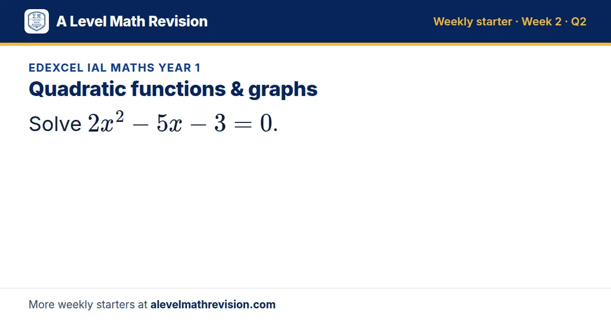 Edexcel IAL Maths Year 1 starter question on Quadratic functions & graphs: Solve 2x² - 5x - 3 = 0.