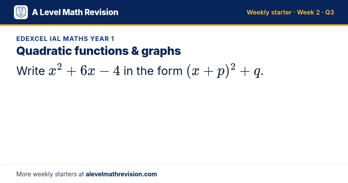 Edexcel IAL Maths Year 1 starter question on Quadratic functions & graphs: Write x² + 6x - 4 in the form (x+p)² + q.