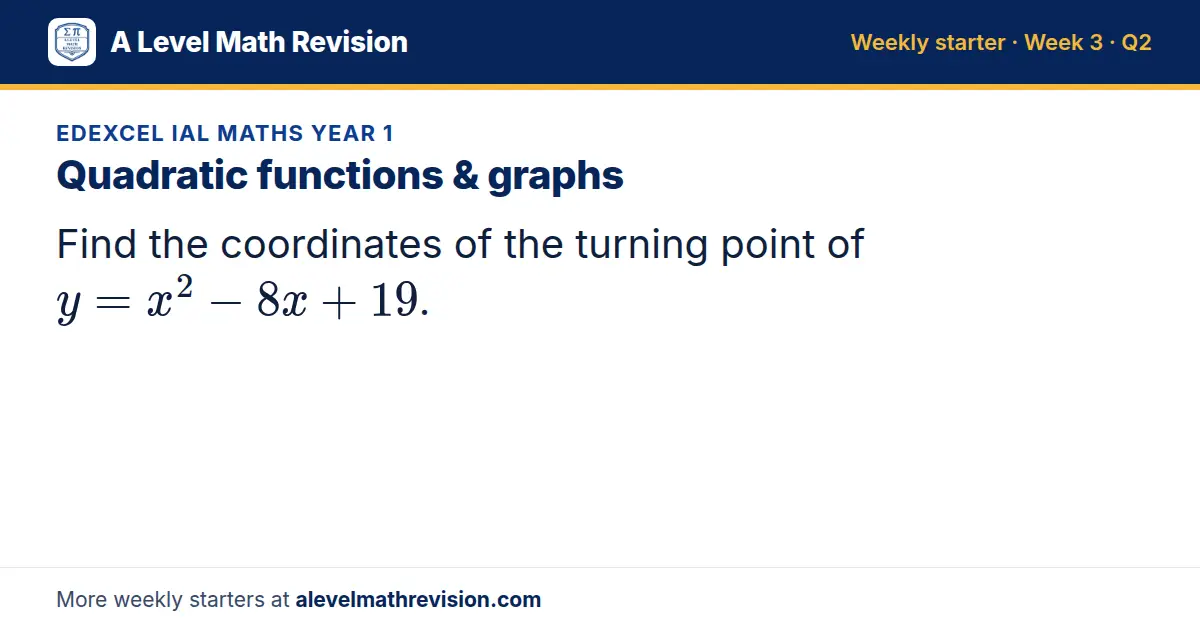 Edexcel IAL Maths Year 1 starter question on Quadratic functions & graphs: Find the coordinates of the turning point of y = x² - 8x + 19.