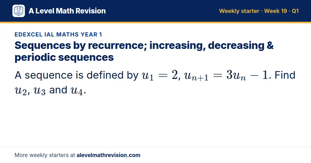 Edexcel IAL Maths Year 1 starter question on Sequences by recurrence; increasing, decreasing & periodic sequences: A sequence is defined by u_1 = 2, u_n+1 = 3u_n - 1. Find u_2, u_3 and u_4.