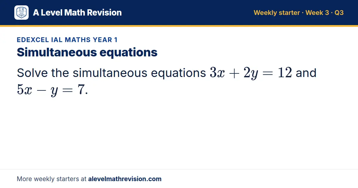 Edexcel IAL Maths Year 1 starter question on Simultaneous equations: Solve the simultaneous equations 3x + 2y = 12 and 5x - y = 7.