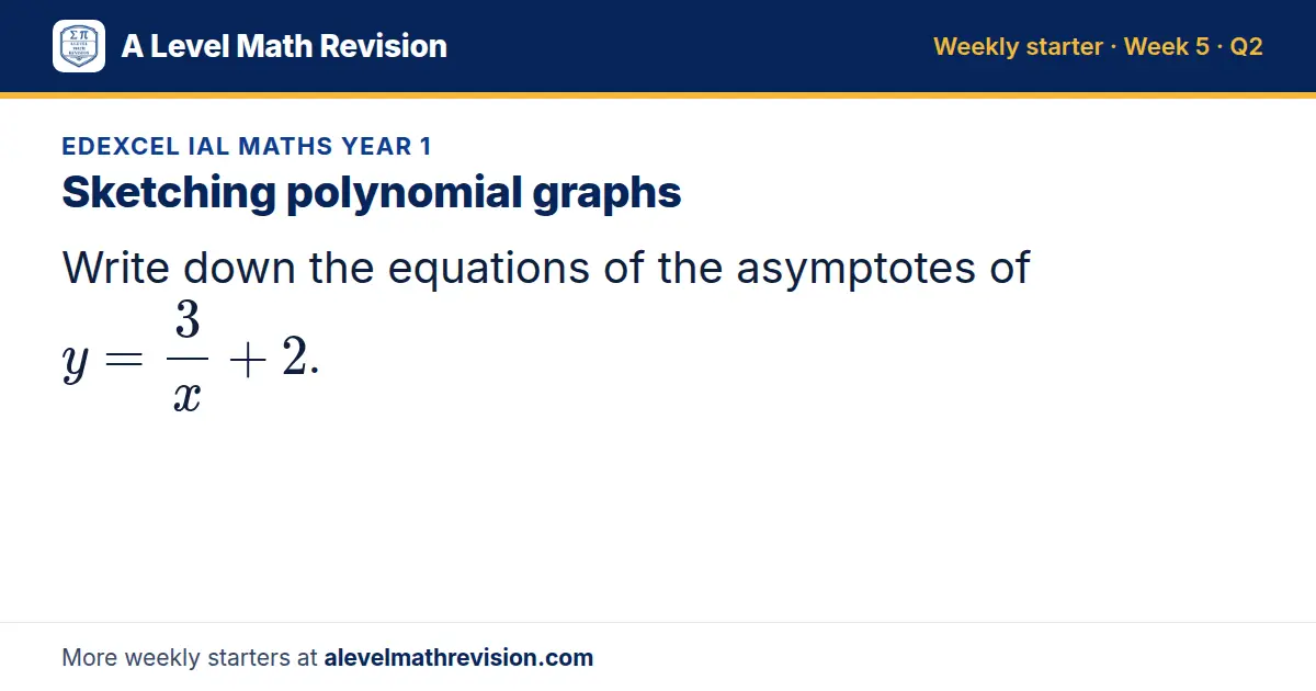 Edexcel IAL Maths Year 1 starter question on Sketching polynomial graphs: Write down the equations of the asymptotes of y = 3/x + 2.