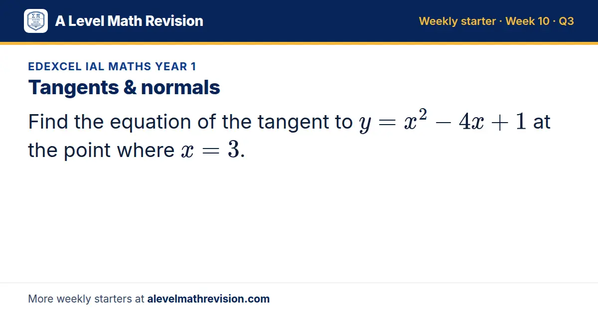 Edexcel IAL Maths Year 1 starter question on Tangents & normals: Find the equation of the tangent to y = x² - 4x + 1 at the point where x = 3.