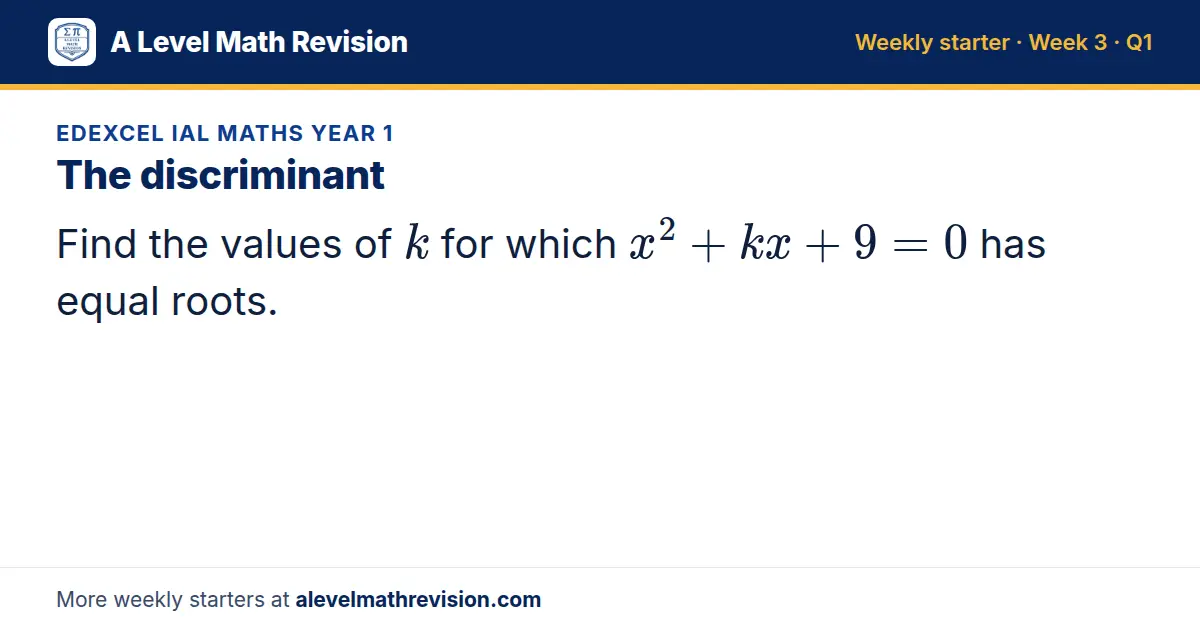 Edexcel IAL Maths Year 1 starter question on The discriminant: Find the values of k for which x² + kx + 9 = 0 has equal roots.