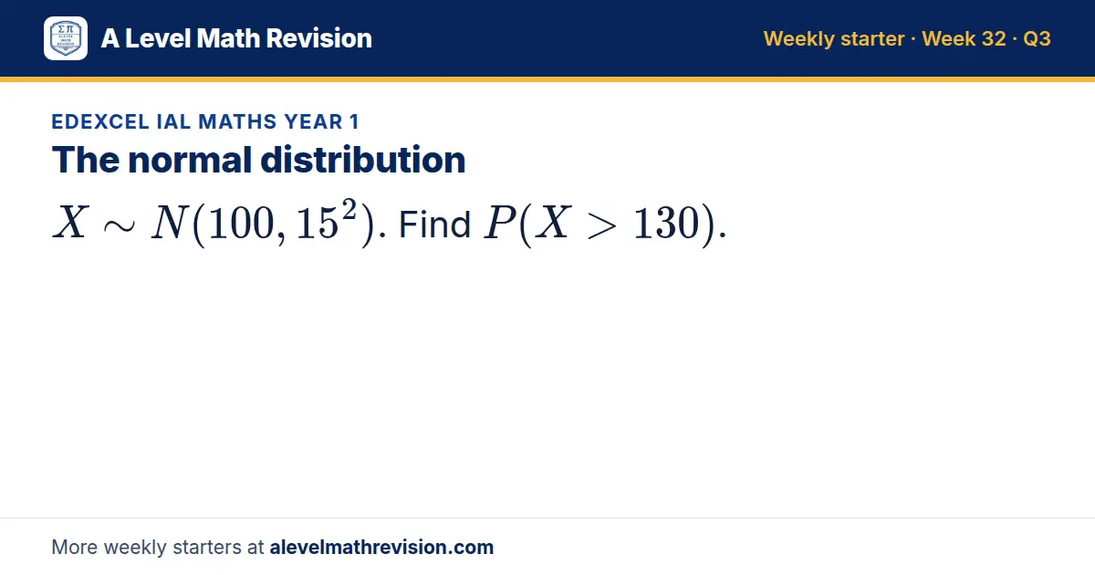 Edexcel IAL Maths Year 1 starter question on The normal distribution: X N(100, 15²). Find P(X > 130).