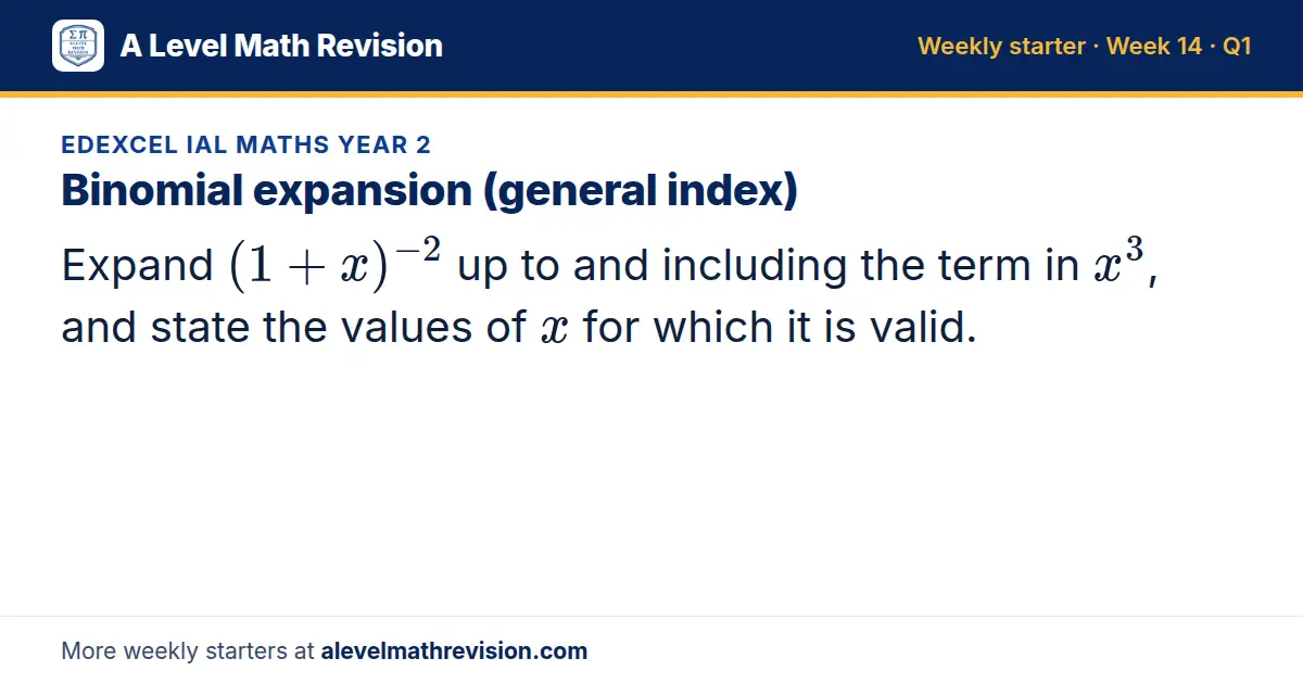 Edexcel IAL Maths Year 2 starter question on Binomial expansion (general index): Expand (1 + x)⁻² up to and including the term in x³, and state the values of x for which it is valid.