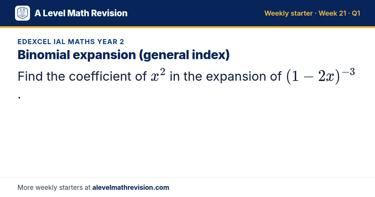 Edexcel IAL Maths Year 2 starter question on Binomial expansion (general index): Find the coefficient of x² in the expansion of (1 - 2x)⁻³.