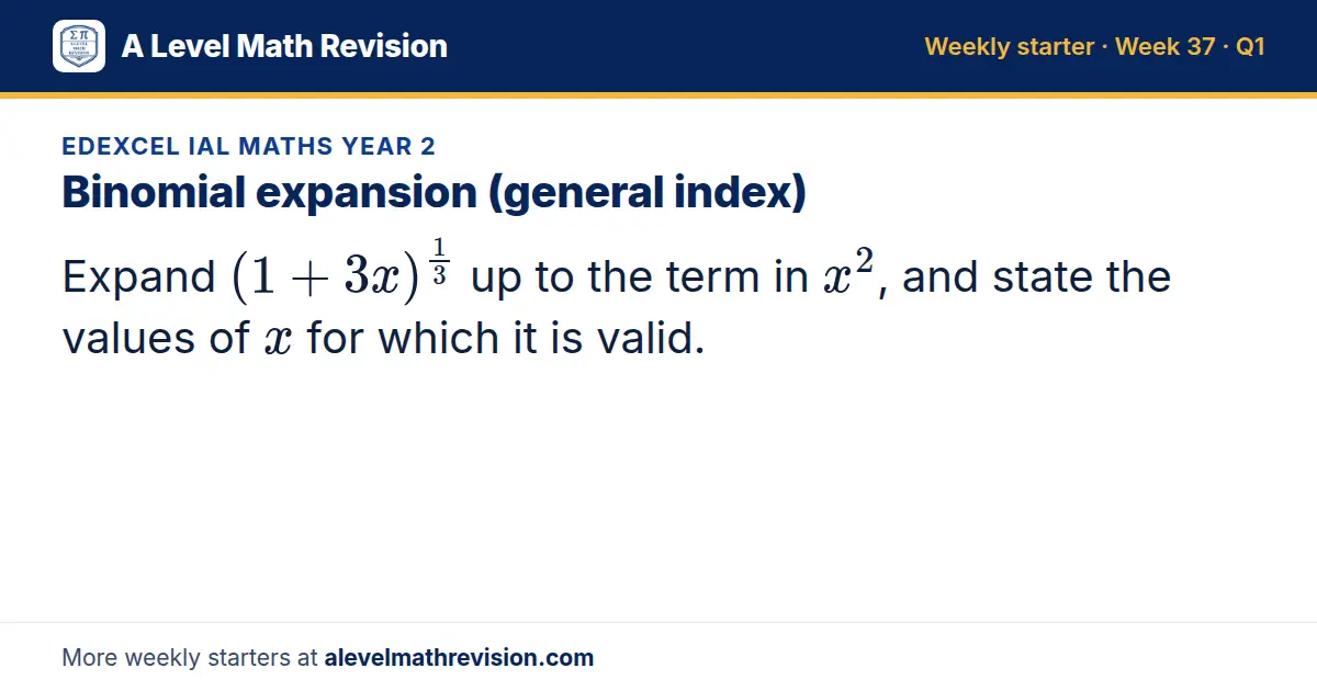 Edexcel IAL Maths Year 2 starter question on Binomial expansion (general index): Expand (1 + 3x)^(1/3) up to the term in x², and state the values of x for which it is valid.