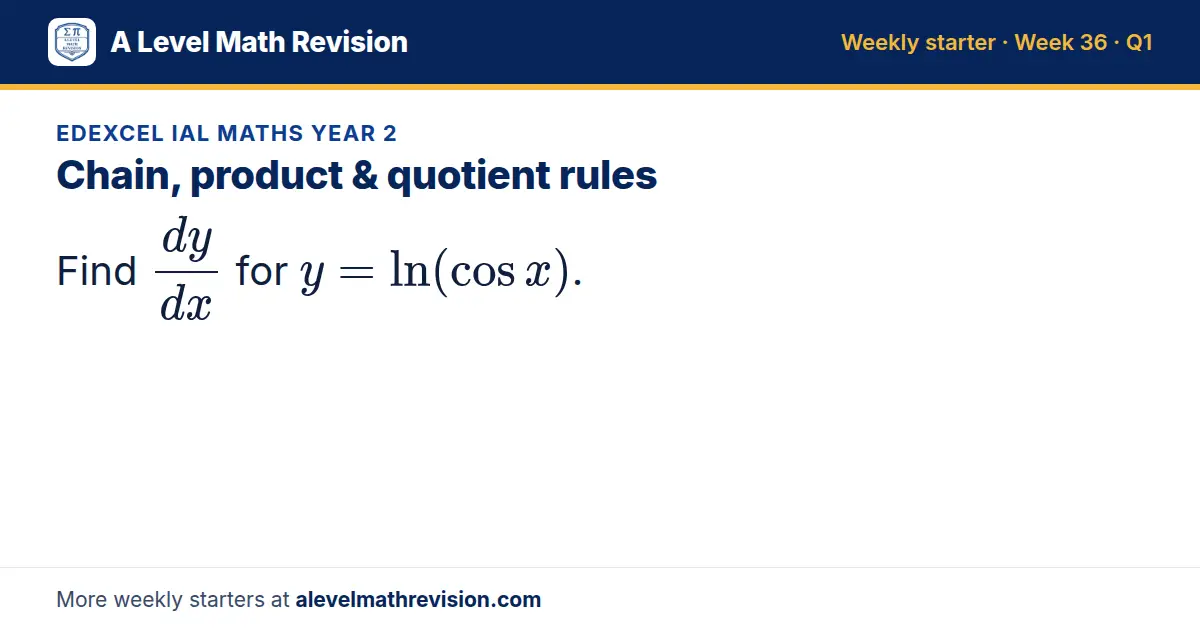 Edexcel IAL Maths Year 2 starter question on Chain, product & quotient rules: Find dy/dx for y = ln(cos x).