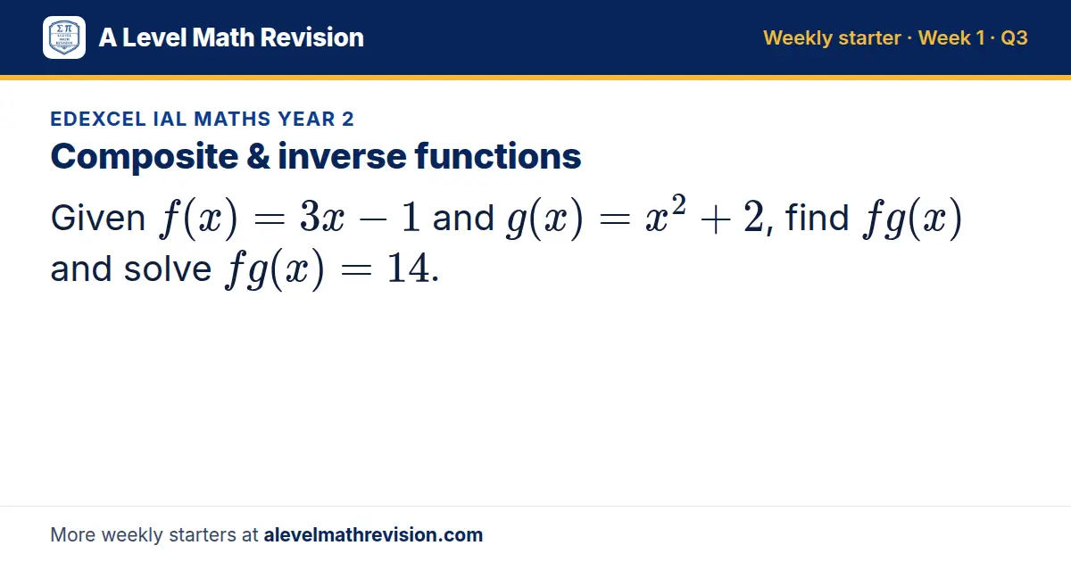 Edexcel IAL Maths Year 2 starter question on Composite & inverse functions: Given f(x) = 3x - 1 and g(x) = x² + 2, find fg(x) and solve fg(x) = 14.