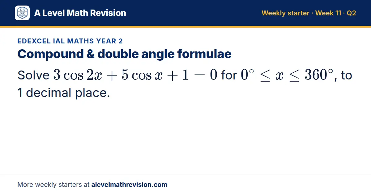 Edexcel IAL Maths Year 2 starter question on Compound & double angle formulae: Solve 3cos 2x + 5cos x + 1 = 0 for 0^∘ ≤ x ≤ 360^∘, to 1 decimal place.