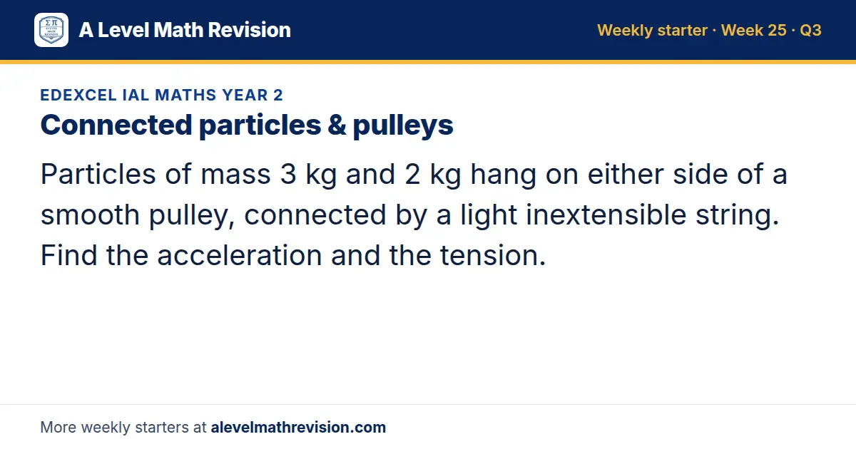 Edexcel IAL Maths Year 2 starter question on Connected particles & pulleys: Particles of mass 3 kg and 2 kg hang on either side of a smooth pulley, connected by a light inextensible string. Find the acceleration and the tension.