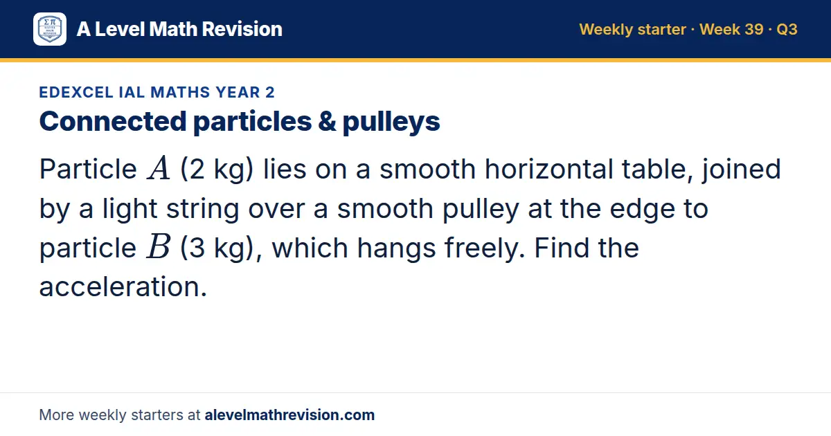 Edexcel IAL Maths Year 2 starter question on Connected particles & pulleys: Particle A (2 kg) lies on a smooth horizontal table, joined by a light string over a smooth pulley at the edge to particle B (3 kg), which hangs freely. Find the…