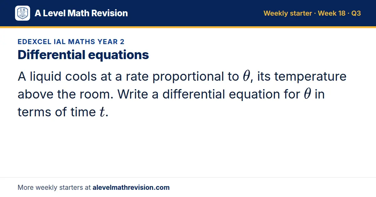 Edexcel IAL Maths Year 2 starter question on Differential equations: A liquid cools at a rate proportional to θ, its temperature above the room. Write a differential equation for θ in terms of time t.