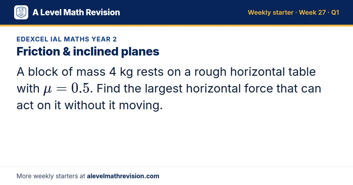 Edexcel IAL Maths Year 2 starter question on Friction & inclined planes: A block of mass 4 kg rests on a rough horizontal table with μ = 0.5. Find the largest horizontal force that can act on it without it moving.