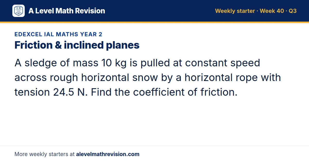 Edexcel IAL Maths Year 2 starter question on Friction & inclined planes: A sledge of mass 10 kg is pulled at constant speed across rough horizontal snow by a horizontal rope with tension 24.5 N. Find the coefficient of friction.