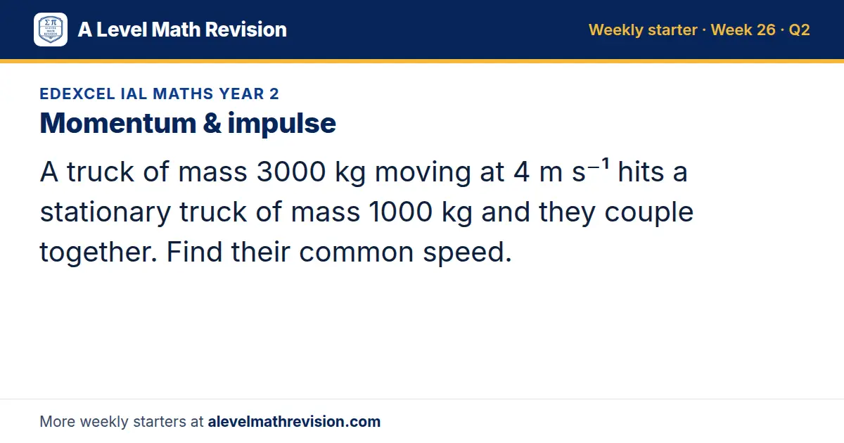 Edexcel IAL Maths Year 2 starter question on Momentum & impulse: A truck of mass 3000 kg moving at 4 m s⁻¹ hits a stationary truck of mass 1000 kg and they couple together. Find their common speed.