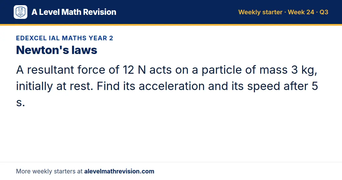 Edexcel IAL Maths Year 2 starter question on Newton's laws: A resultant force of 12 N acts on a particle of mass 3 kg, initially at rest. Find its acceleration and its speed after 5 s.