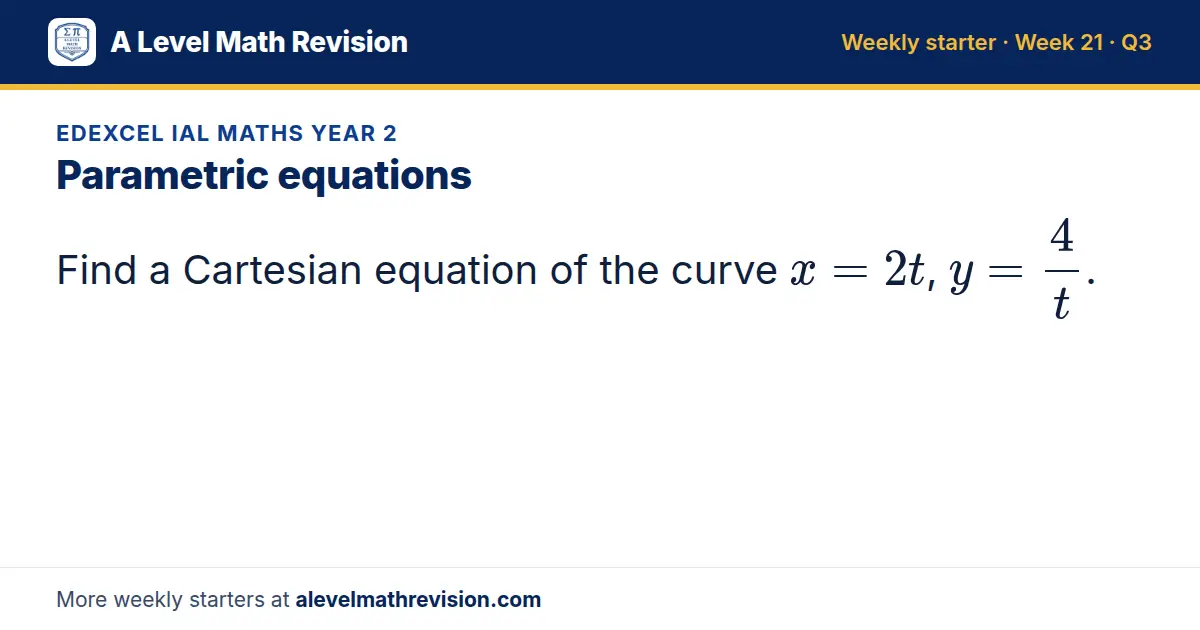 Edexcel IAL Maths Year 2 starter question on Parametric equations: Find a Cartesian equation of the curve x = 2t, y = 4/t.