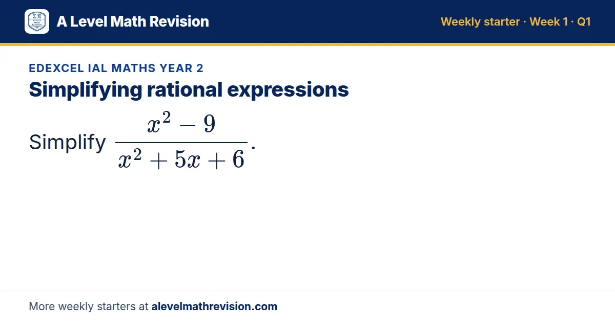 Edexcel IAL Maths Year 2 starter question on Simplifying rational expressions: Simplify (x² - 9)/(x² + 5x + 6).
