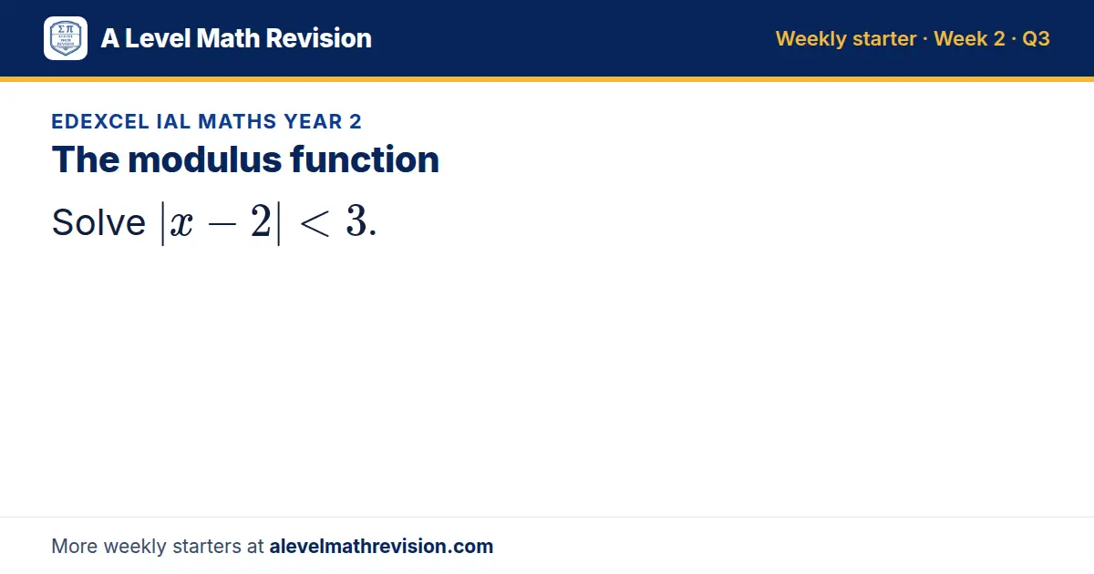 Edexcel IAL Maths Year 2 starter question on The modulus function: Solve |x - 2| < 3.