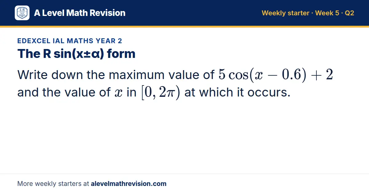 Edexcel IAL Maths Year 2 starter question on The R sin(x±α) form: Write down the maximum value of 5cos(x - 0.6) + 2 and the value of x in [0, 2π) at which it occurs.