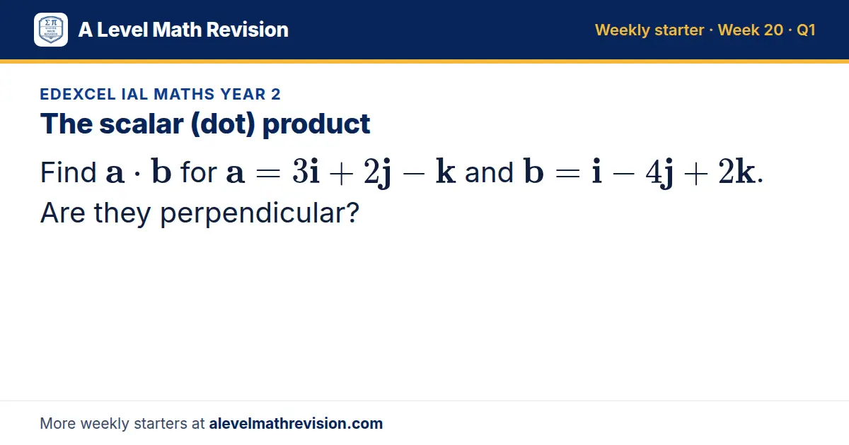Edexcel IAL Maths Year 2 starter question on The scalar (dot) product: Find a for a = 3i + 2j - k and b = i - 4j + 2k. Are they perpendicular?
